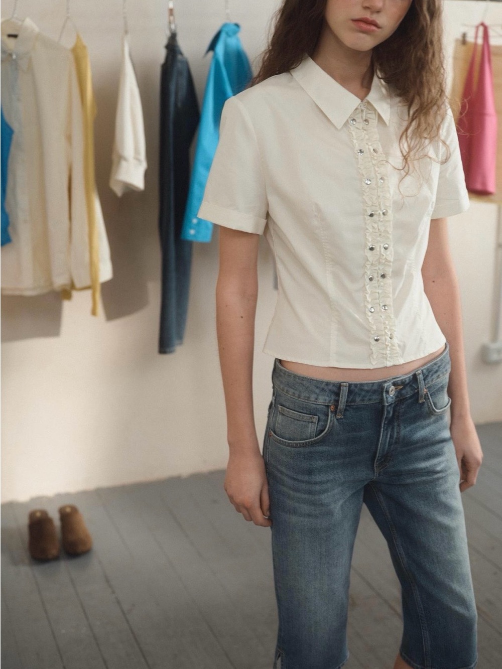 BNWT Zara White Cream Ruffled Poplin Shirt with Studs